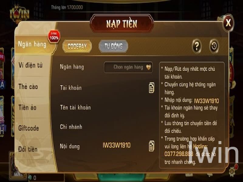 Hướng dẫn nạp tiền tại Iwin Club