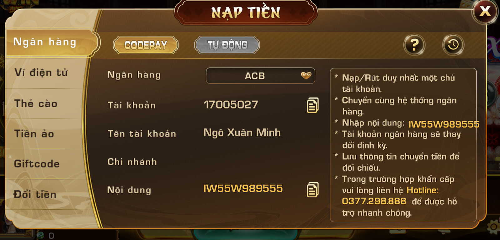 Nạp tiền Smartbanking tự động 24/24