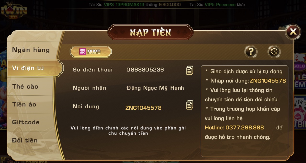 Nạp tiền uy tín tại Iwin